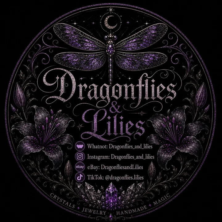 Dragonflies & Lilies crest — a jeweled dragonfly, crescent moon, and crystal cluster within a silver ring