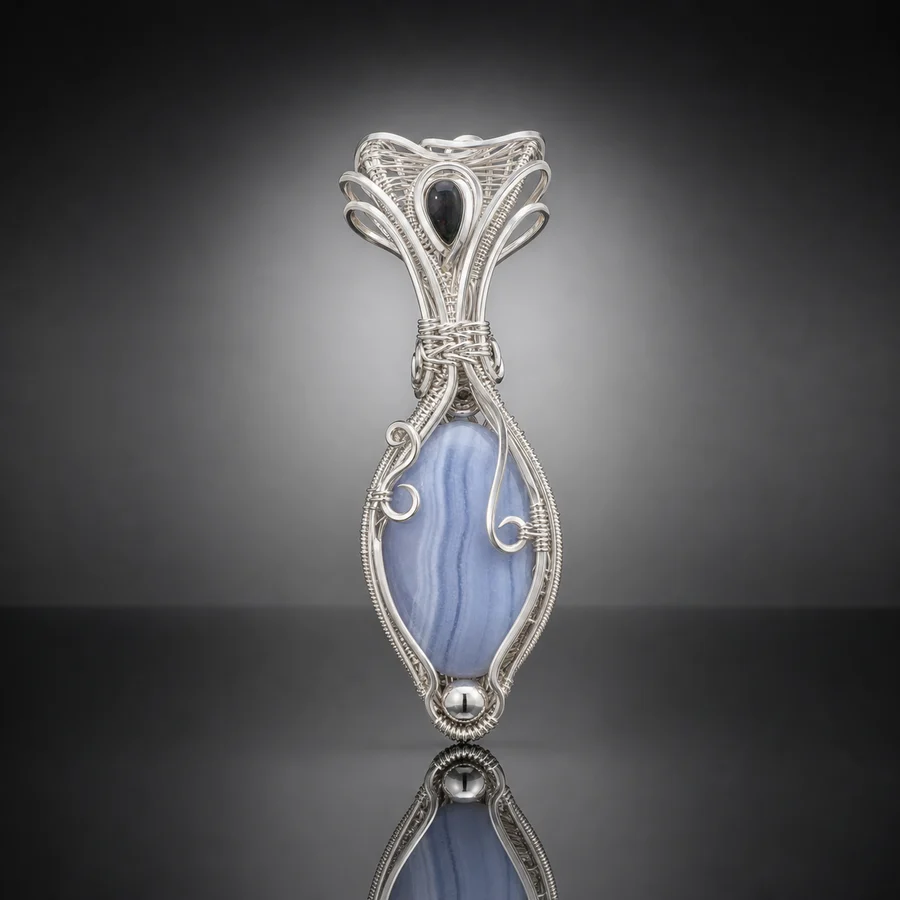 Handmade sterling silver wire-wrapped Blue Lace Agate pendant with black opal accent — artisan commissioned jewelry