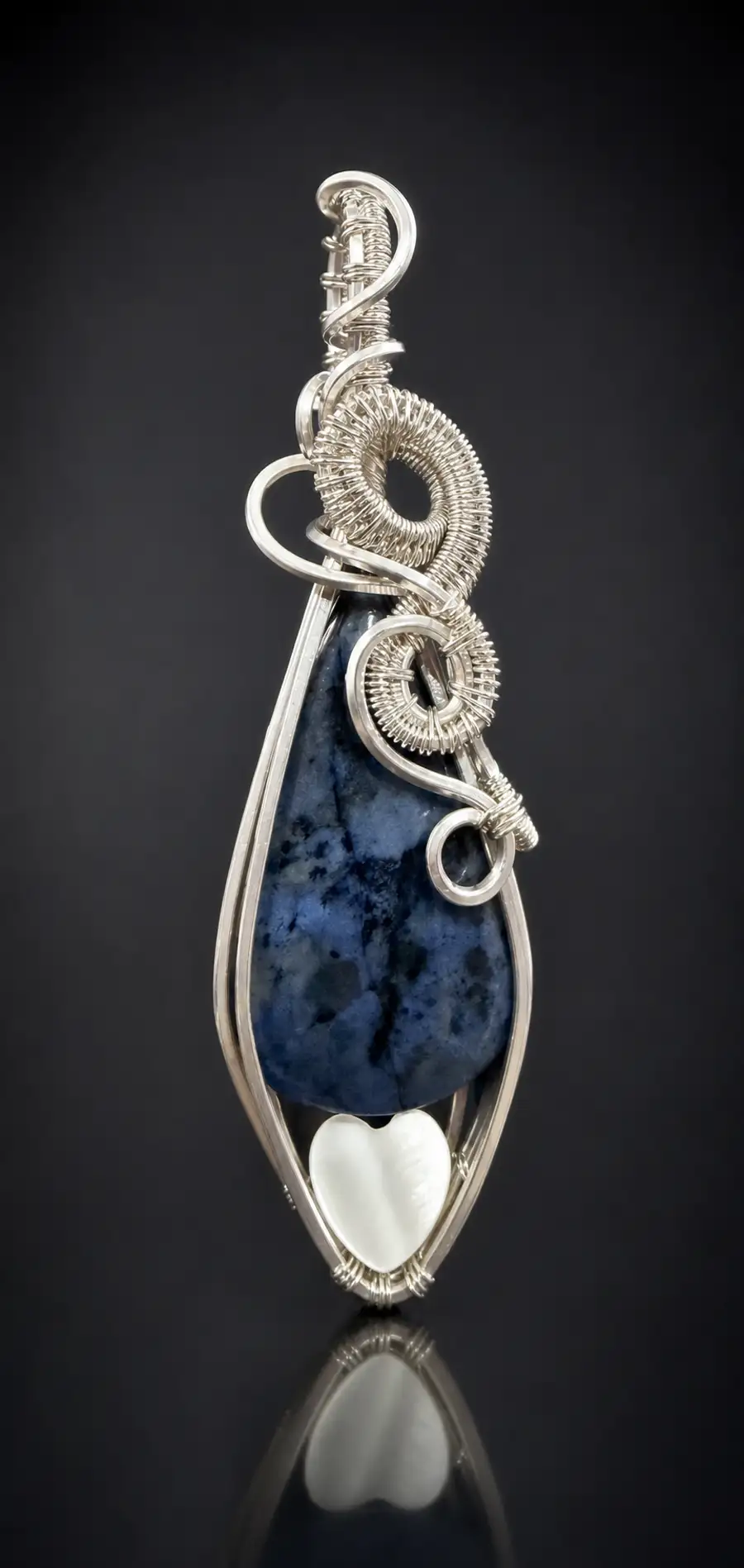 Handmade sterling silver wire-wrapped dumortierite pendant with mother-of-pearl heart — artisan commissioned jewelry