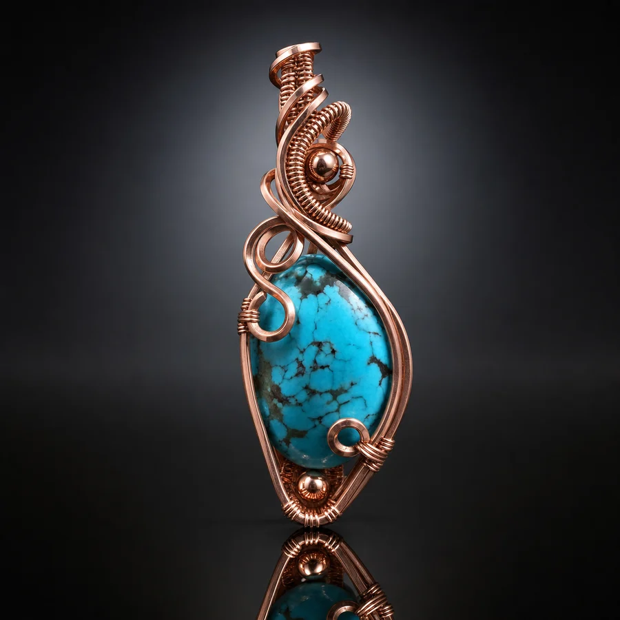 Handmade copper wire-wrapped Kingman turquoise pendant from Arizona — artisan commissioned jewelry