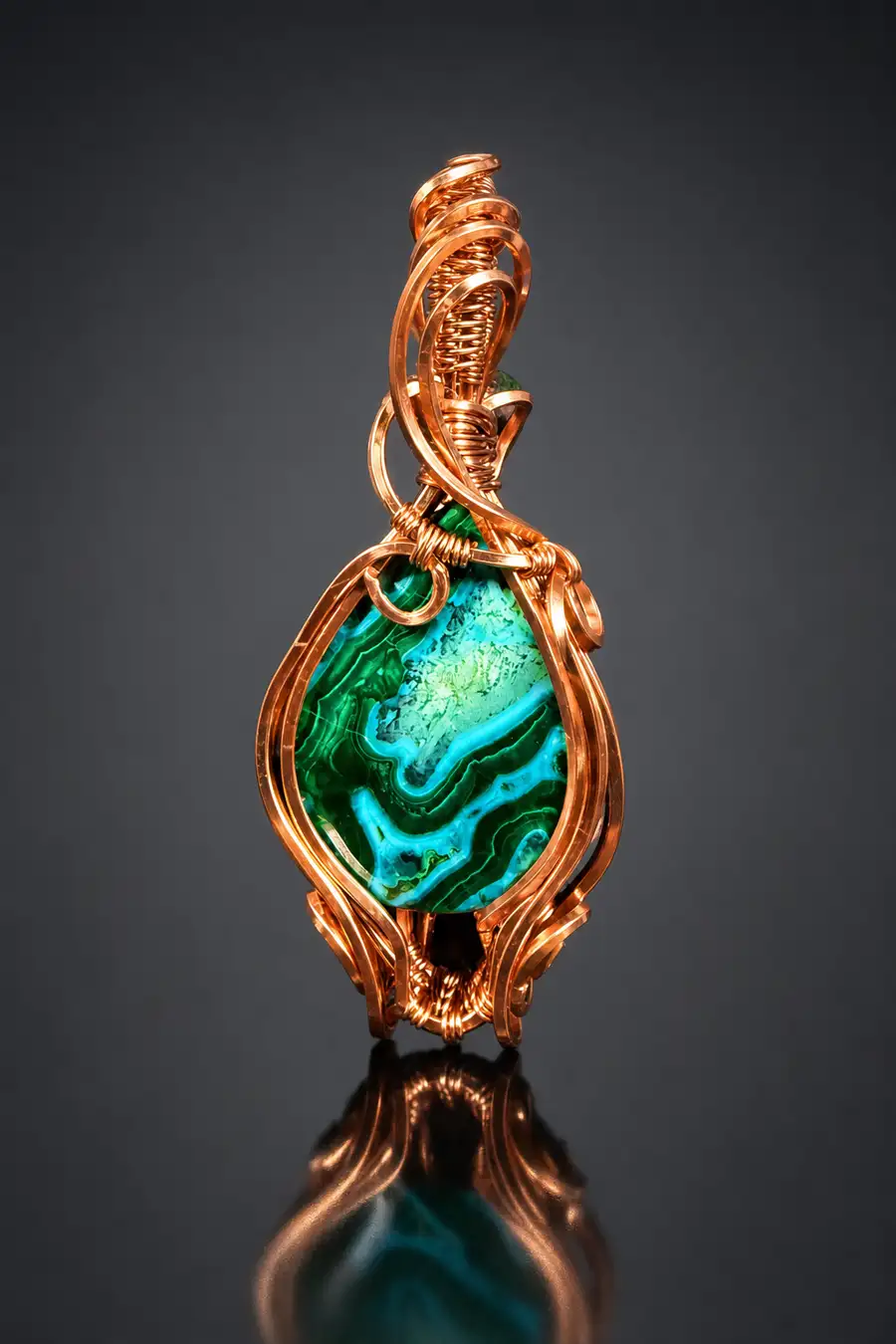 Handmade copper wire-wrapped malachite and chrysocolla diamond pendant — artisan commissioned jewelry