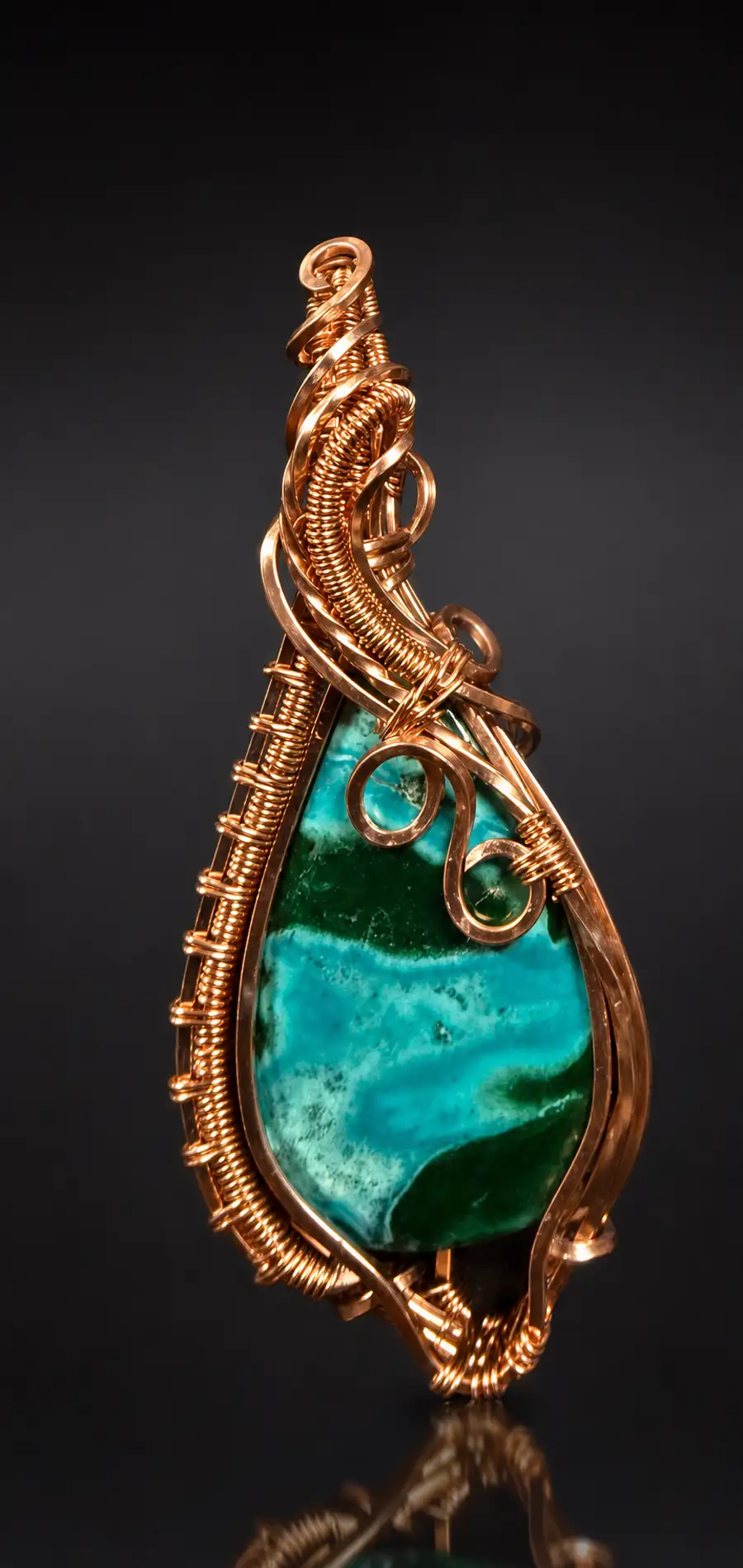 Handmade copper wire-wrapped banded malachite teardrop pendant — artisan commissioned jewelry