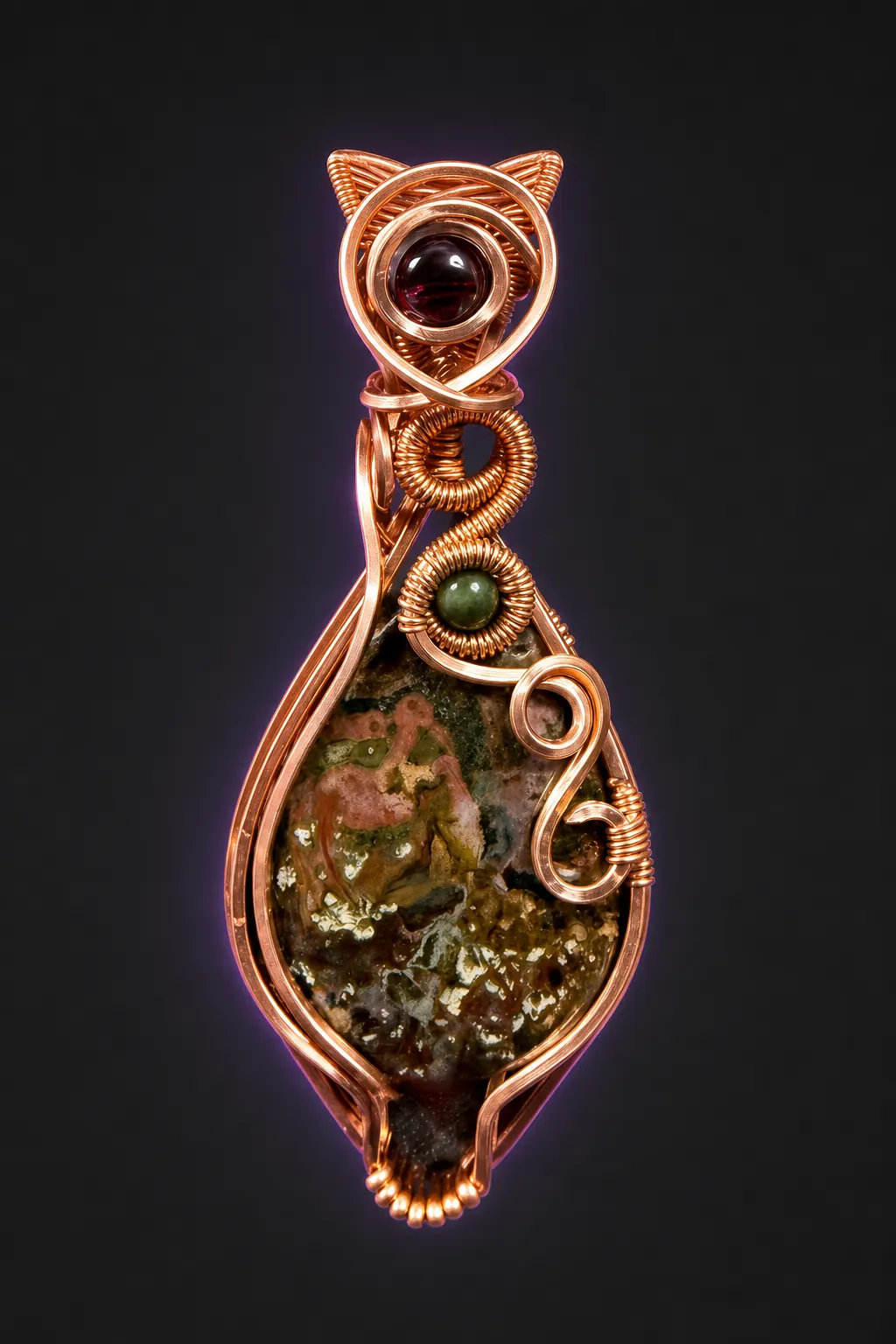 Handmade copper wire-wrapped River Jasper pendant with deep red garnet — artisan commissioned jewelry