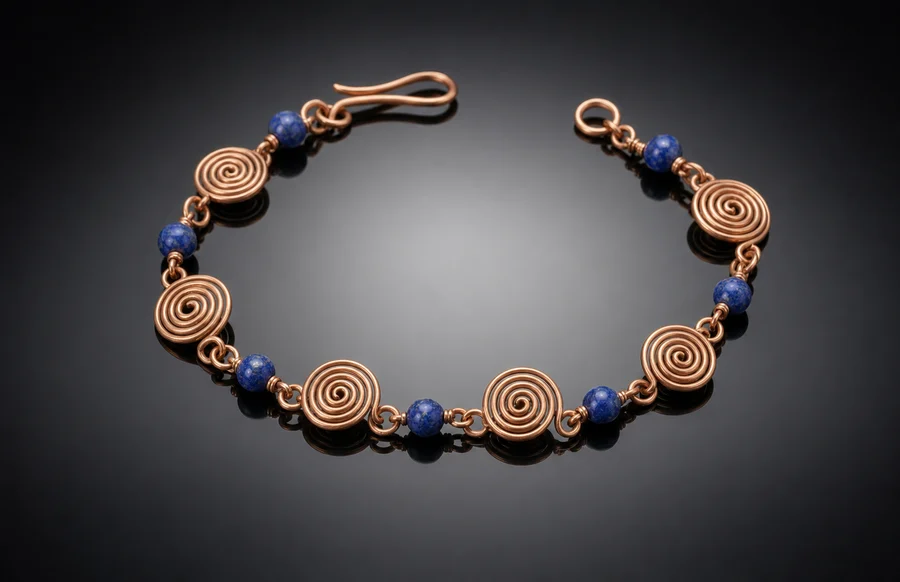 Handmade Copper Wire Bracelet with Lapis Lazuli Beads Spiral Design